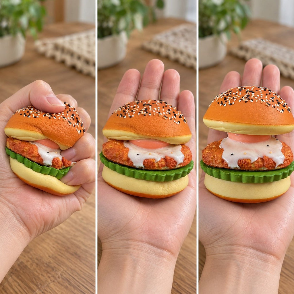 Squishy hamburger slow rising schiacciato, a metà e di nuovo in forma