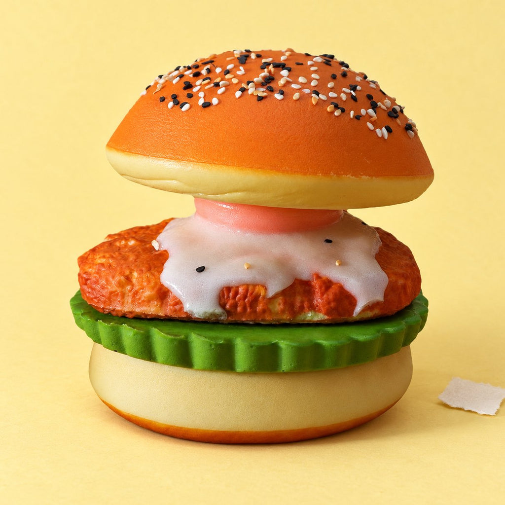 Squishy hamburger con uovo fritto, scomponibile, su carta color pastello