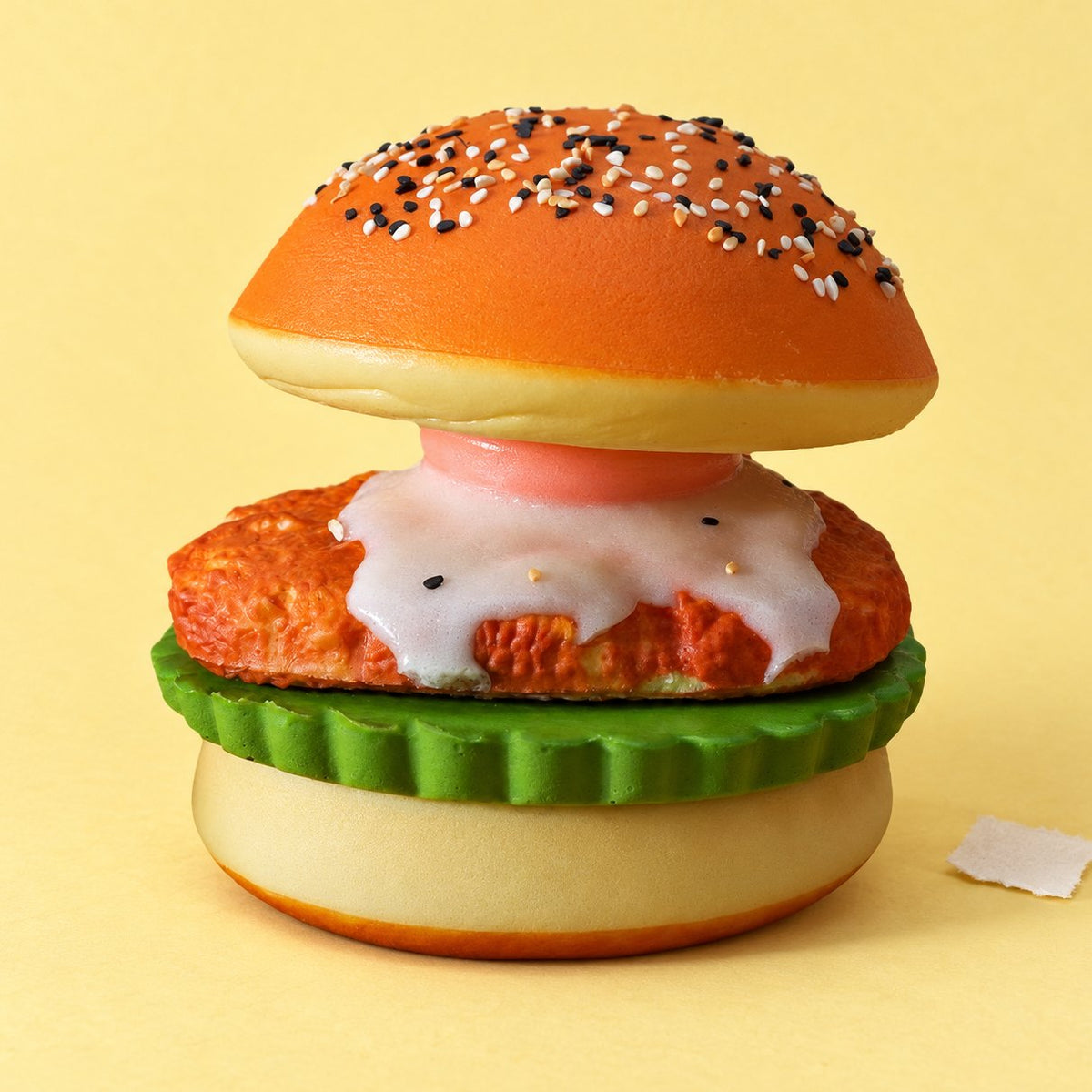 Squishy hamburger con uovo fritto, scomponibile, su carta color pastello