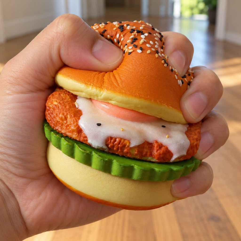 Mano che schiaccia lo squishy hamburger con uovo fritto