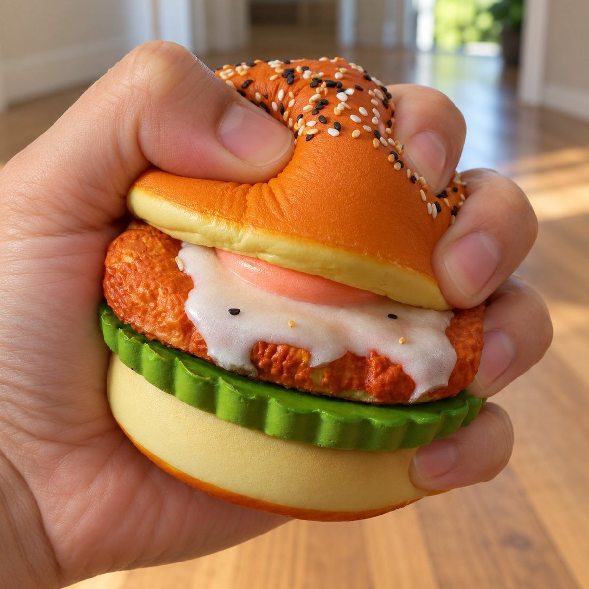 Apretando el squishy hamburguesa blandito con la mano, suave y esponjoso