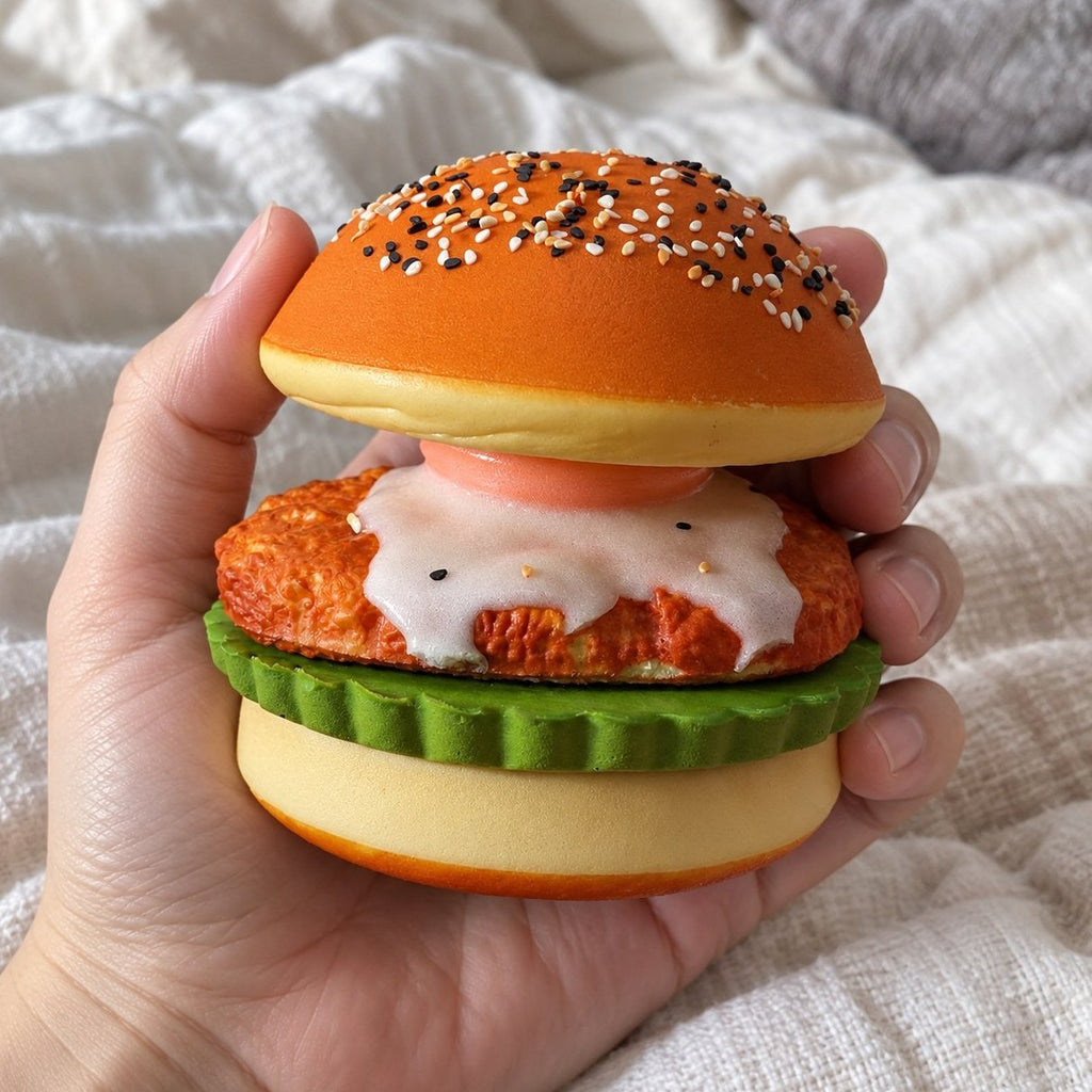 Squishy hamburguesa con huevo frito desmontable, vista en primera persona