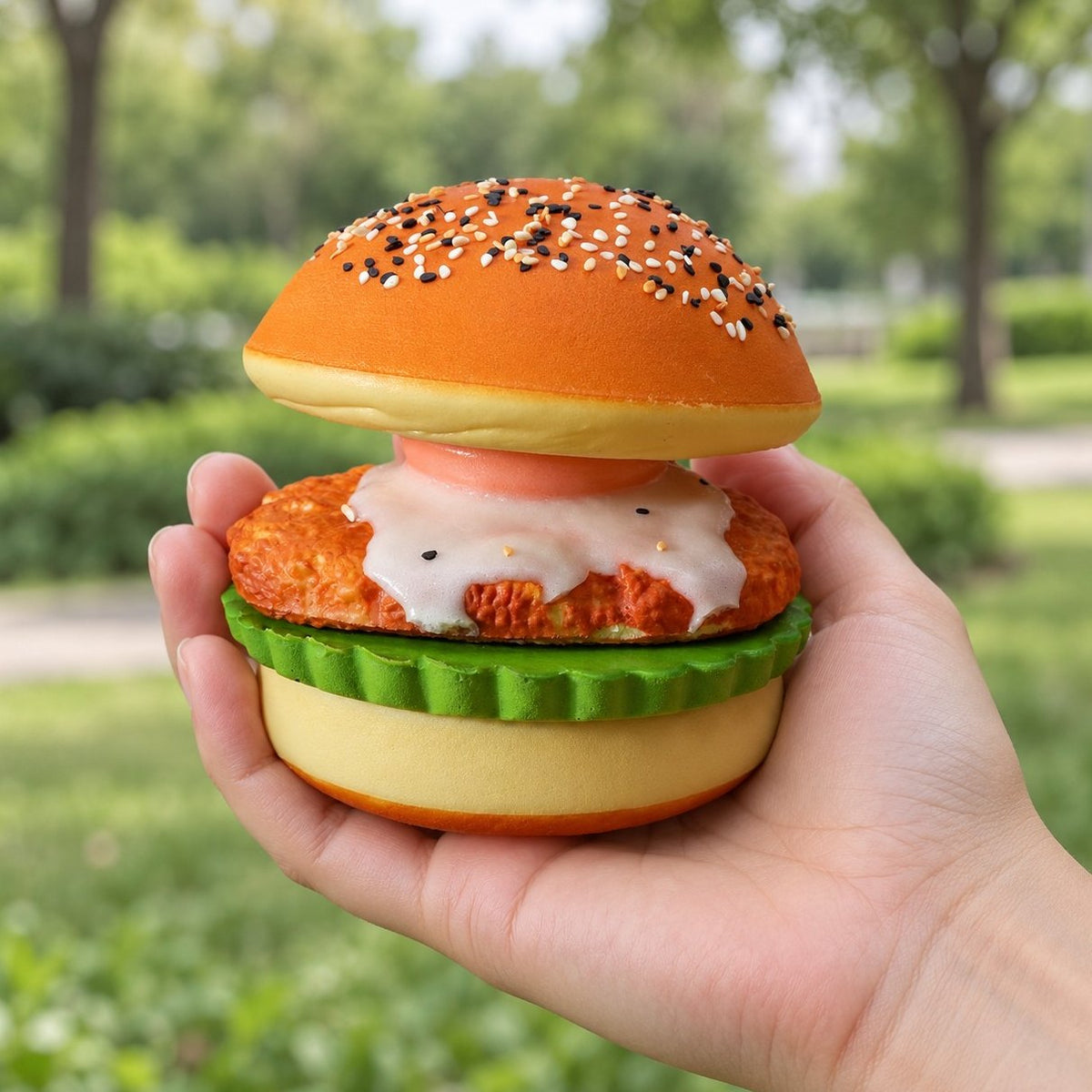Squishy hamburguesa con huevo frito desmontable en la mano, para ver su tamaño