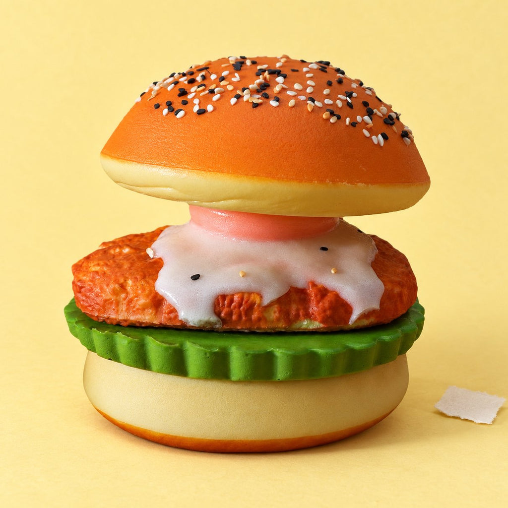 Squishy hamburguesa con huevo frito sobre papel pastel