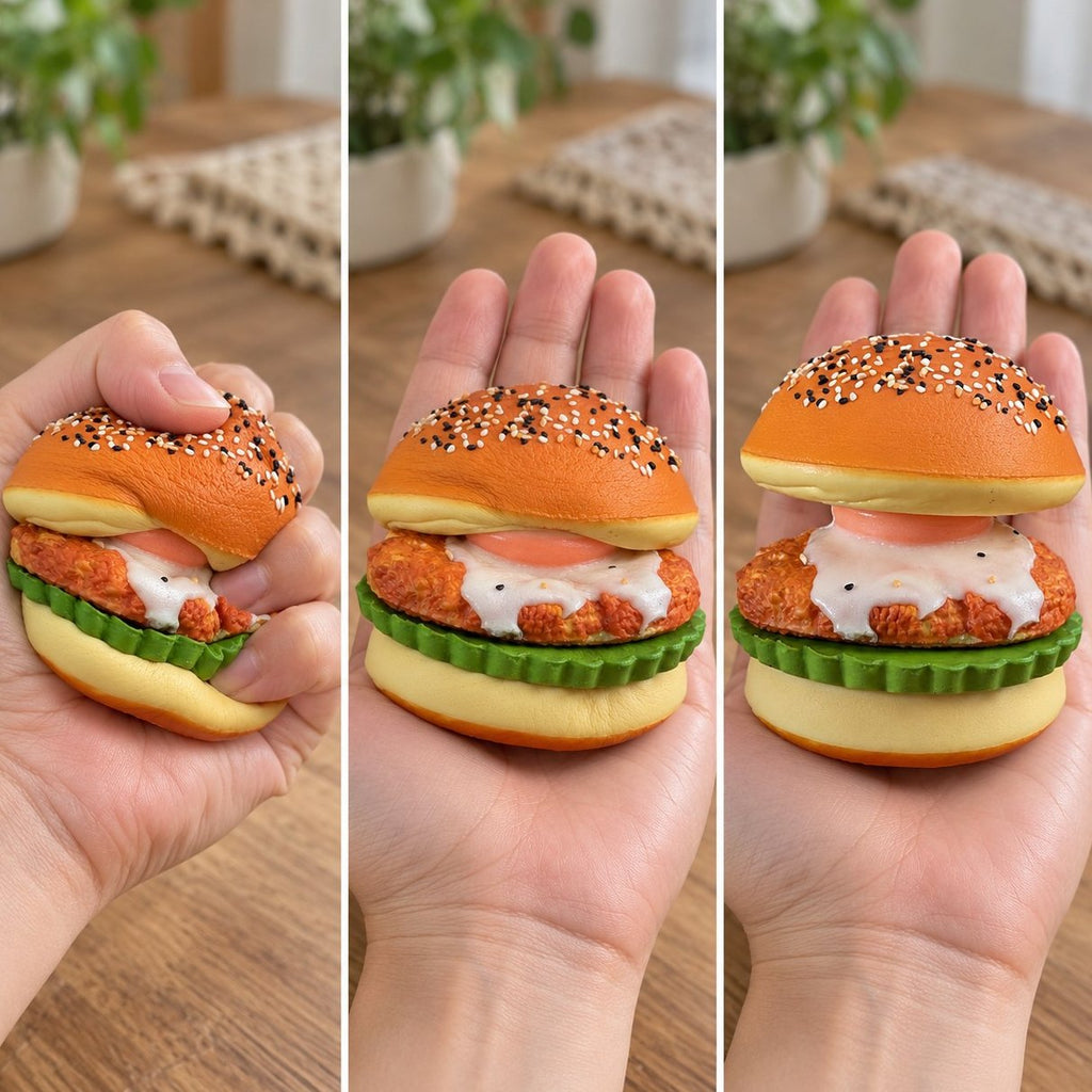 Squishy hamburguesa slow rising aplastado, a medias y de nuevo en forma