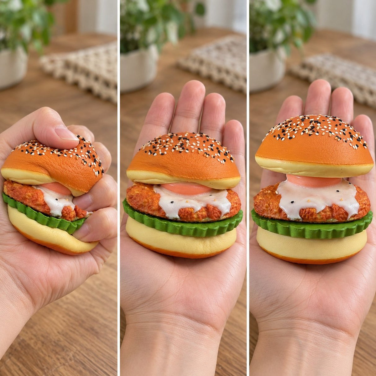 Squishy hamburguesa slow rising aplastado, a medias y de nuevo en forma
