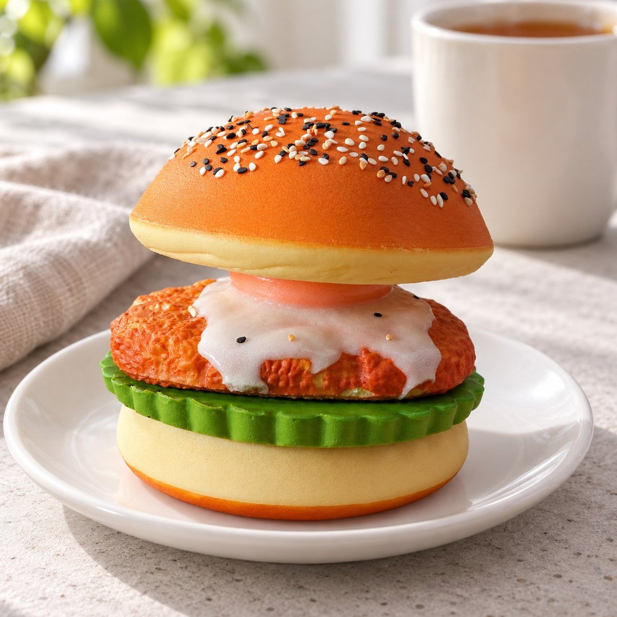 Squishy hamburguesa slow rising en un plato, en la mesa del desayuno