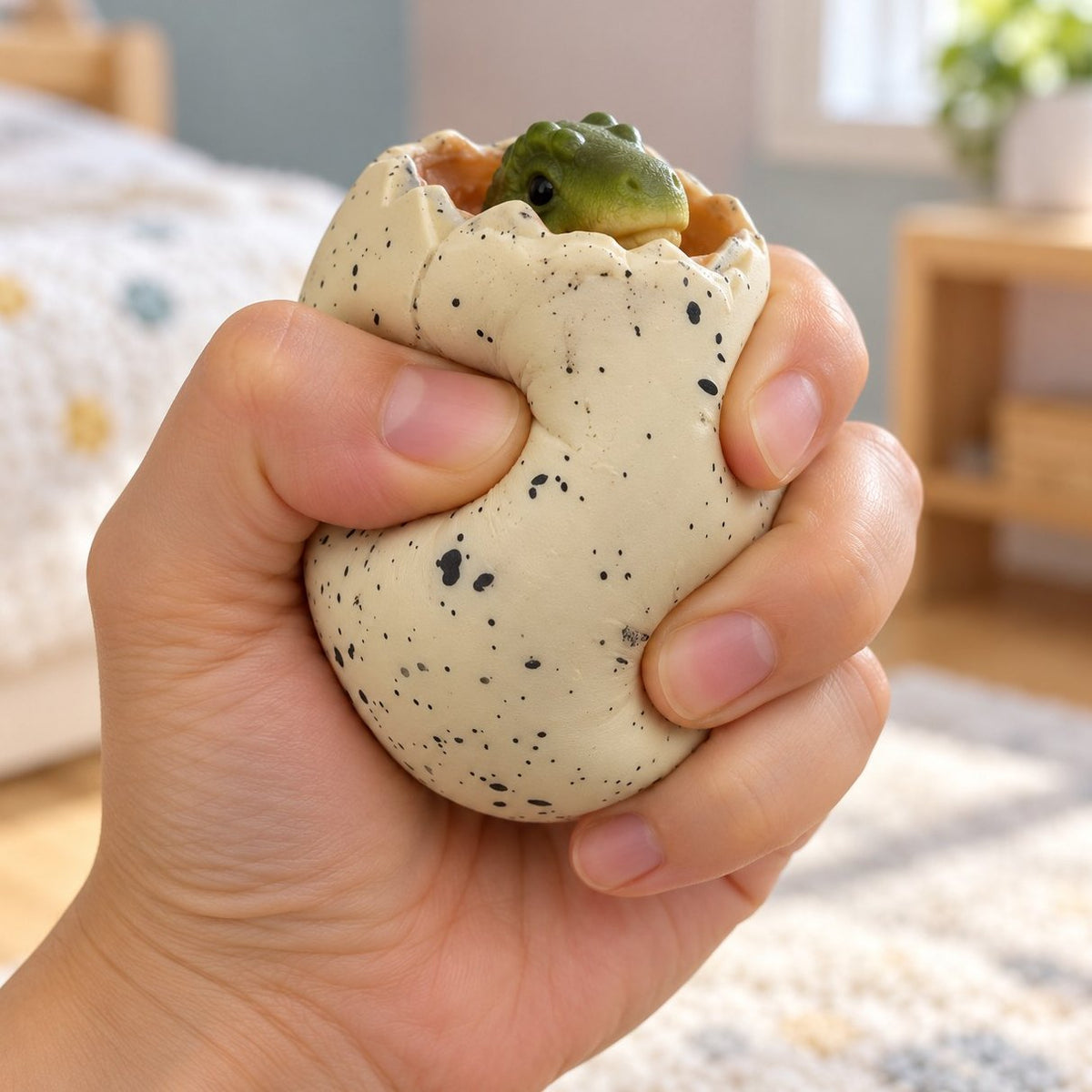 Squishy huevo de dinosaurio del que asoma un dino bebé al apretarlo con la mano