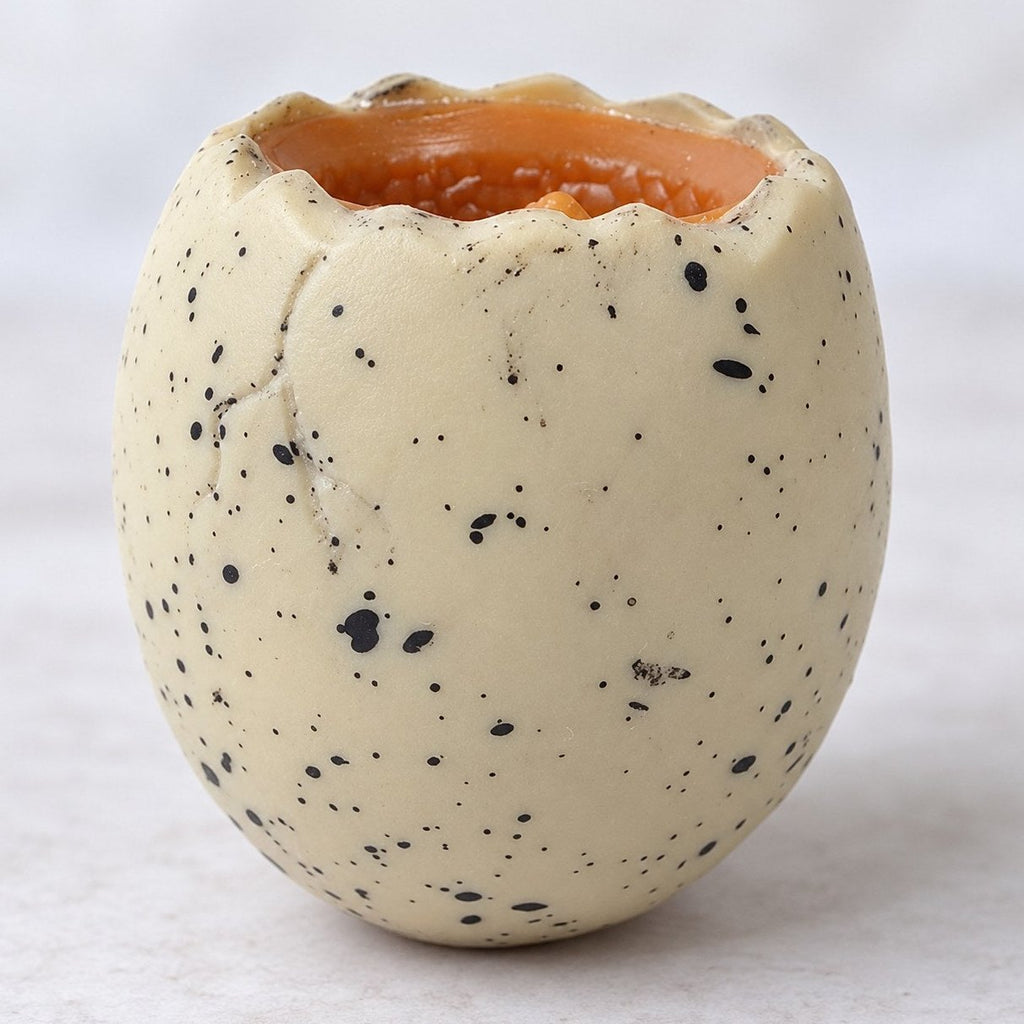 Squishy huevo de dinosaurio donde asoma un dino bebé, visto de cerca