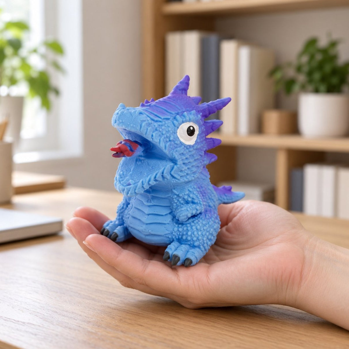 Squishy huevo de dinosaurio reversible azul que se da la vuelta, en la mano
