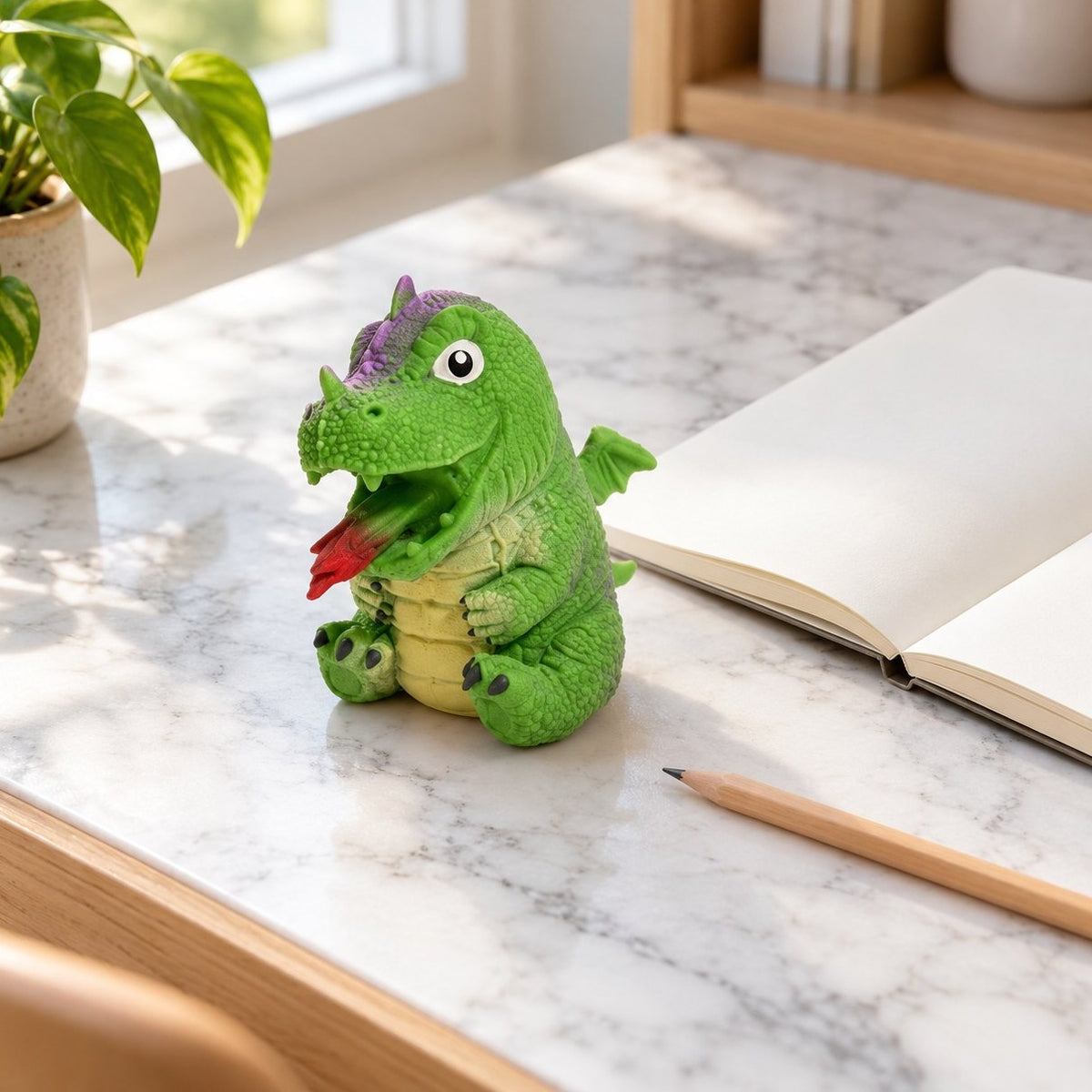 Squishy huevo de dinosaurio reversible verde en el escritorio, con libreta