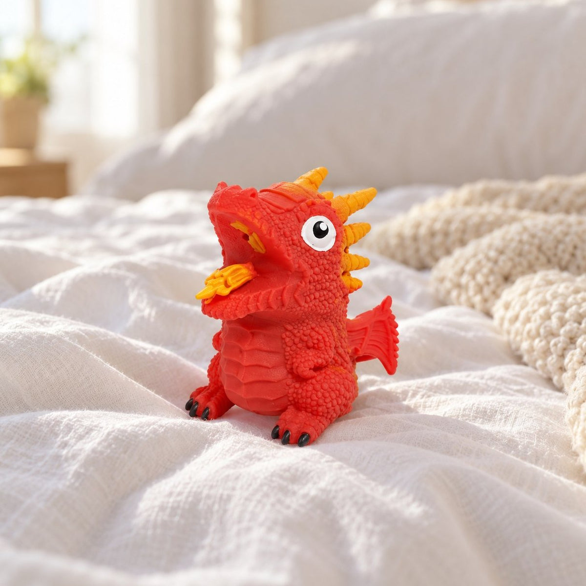 Squishy huevo de dinosaurio reversible rojo sobre una cama con mantas suaves