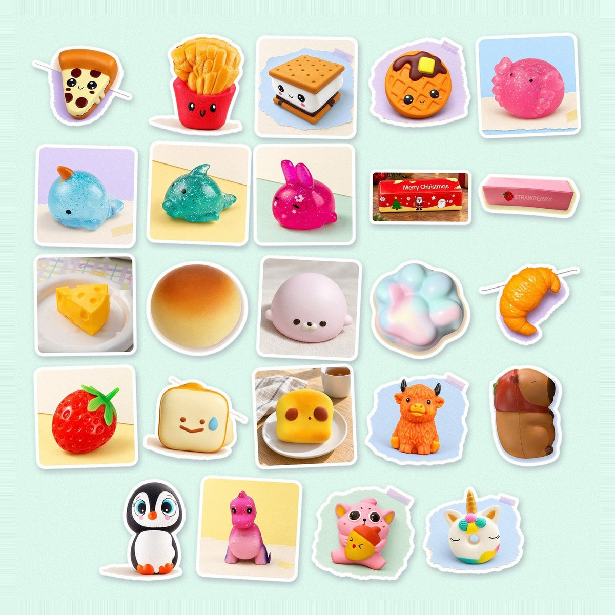 Premium squishy julekalender til selv at fylde, med jumbo-mad og glimmer-mochi