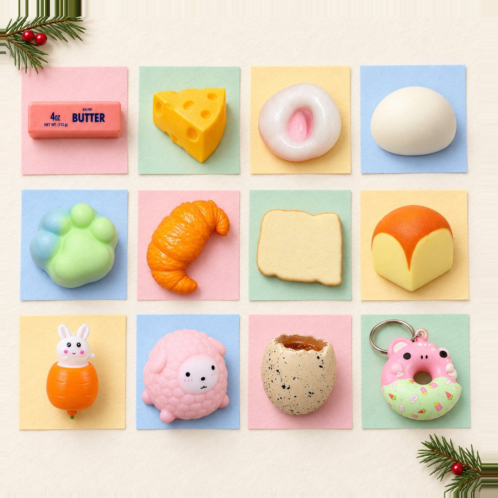 Squishy julkalender att fylla själv: 12 olika squishies i rader som luckor på pastellpapper