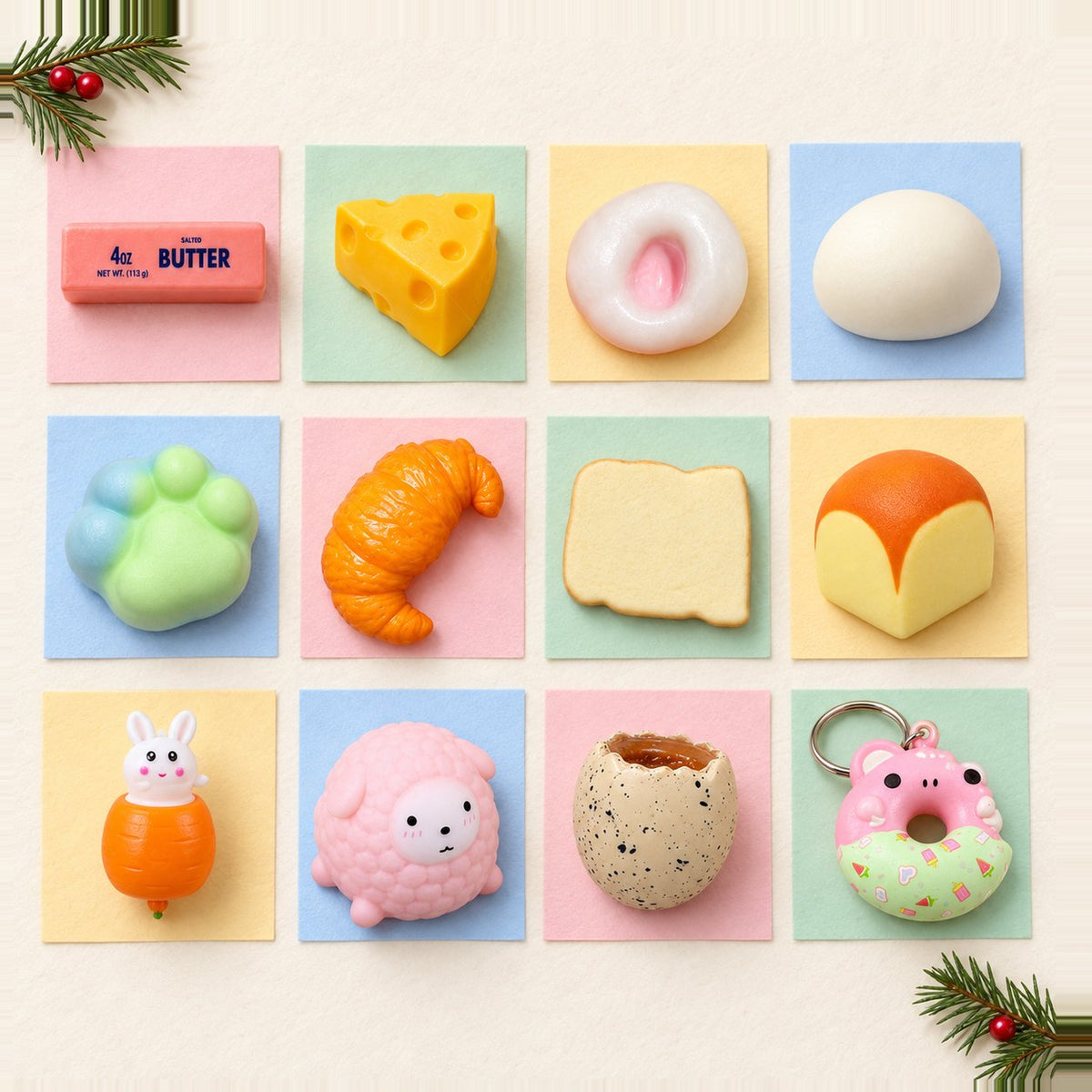 Squishy julkalender att fylla själv: 12 olika squishies i rader som luckor på pastellpapper