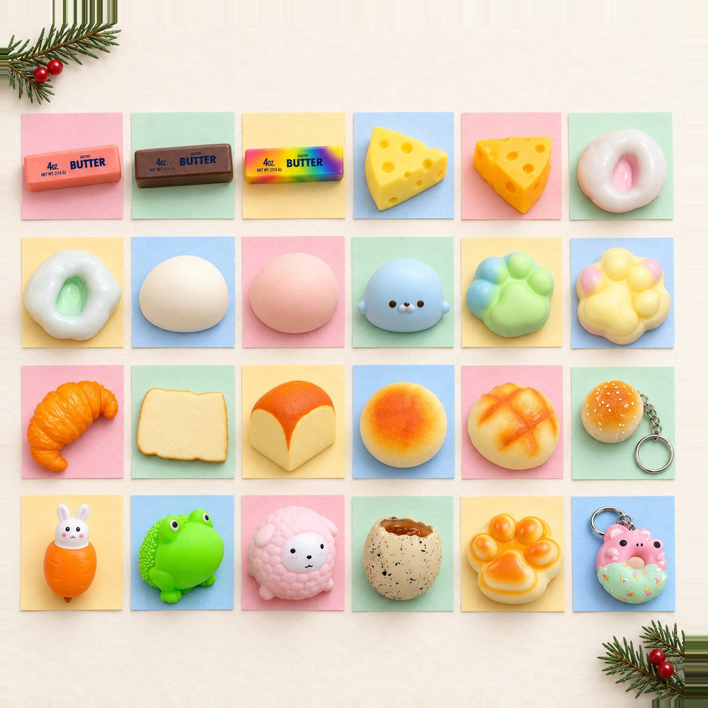 Squishy julkalender att fylla själv: 24 olika squishies i rader som luckor på pastellpapper