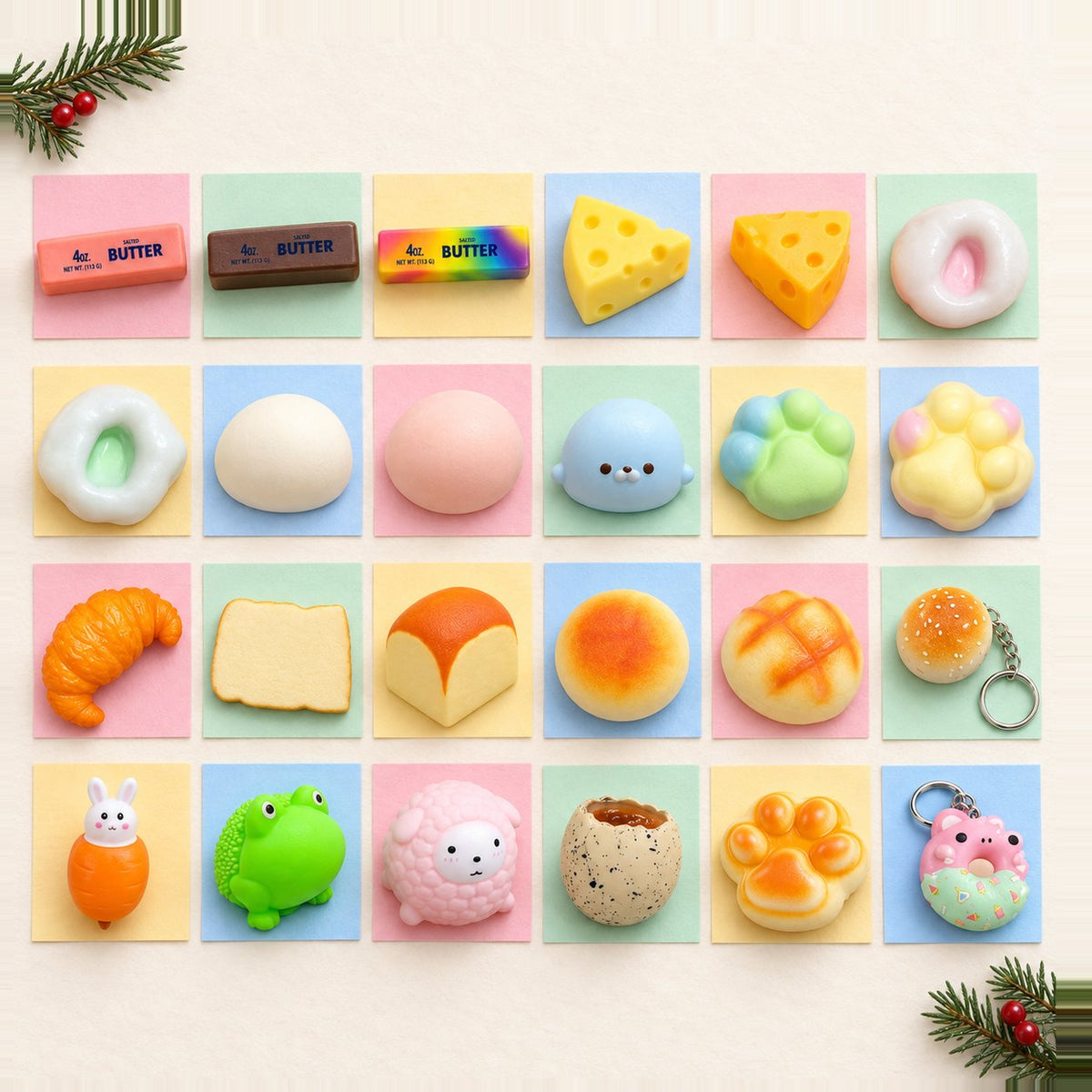 Squishy julkalender att fylla själv: 24 olika squishies i rader som luckor på pastellpapper