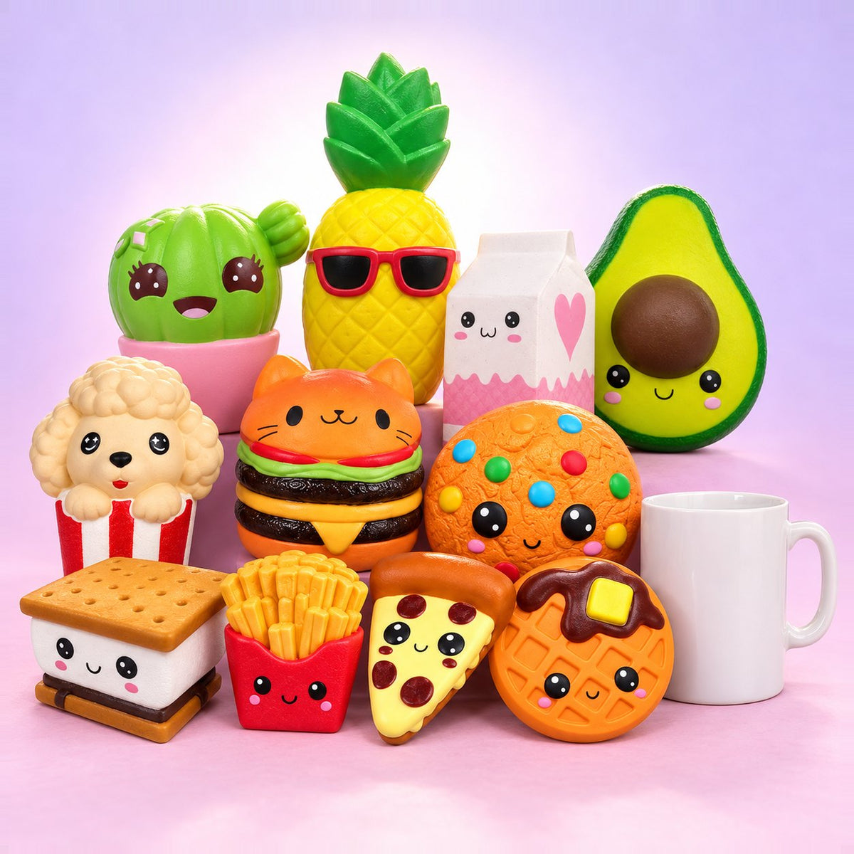Squishy jumbo sada: všech 11 velkých kawaii squishy ve tvaru jídla, od hranolků po ananas, vedle bílého hrnku