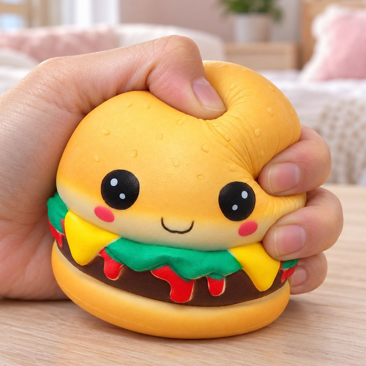 En hånd klemmer squishy kawaii burger med ansigt, der giver dejligt efter