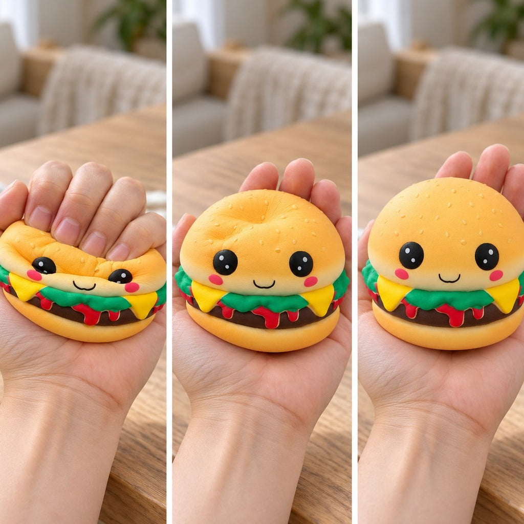 Trykket flad, halvt rejst og helt tilbage i form: squishy kawaii burger med ansigt