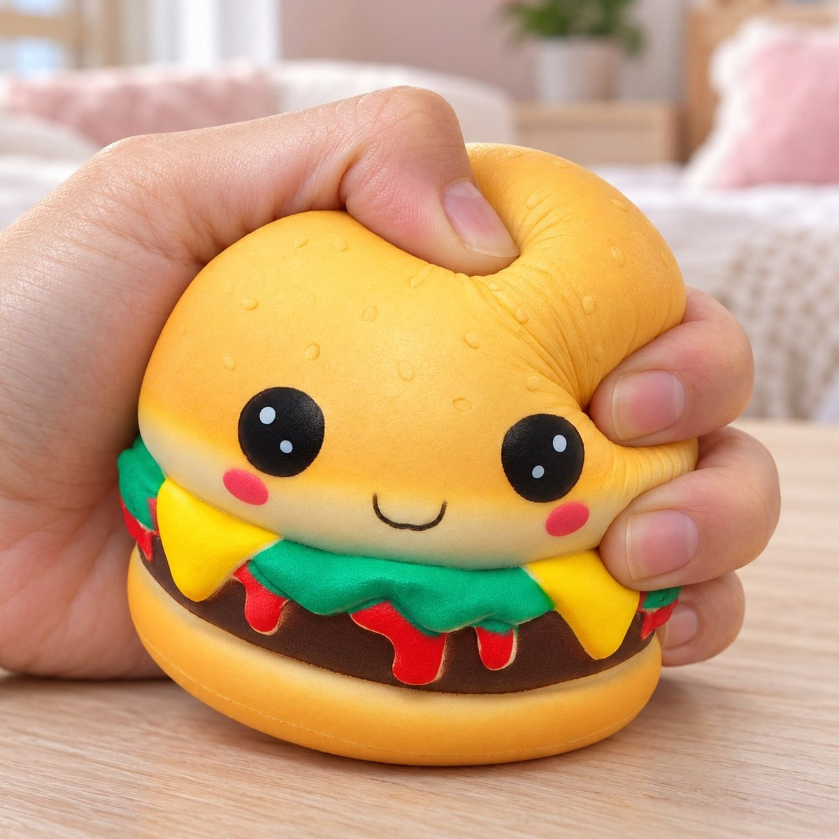 Mačkání v ruce: squishy kawaii burger s obličejem je poddajný a příjemný na dotek