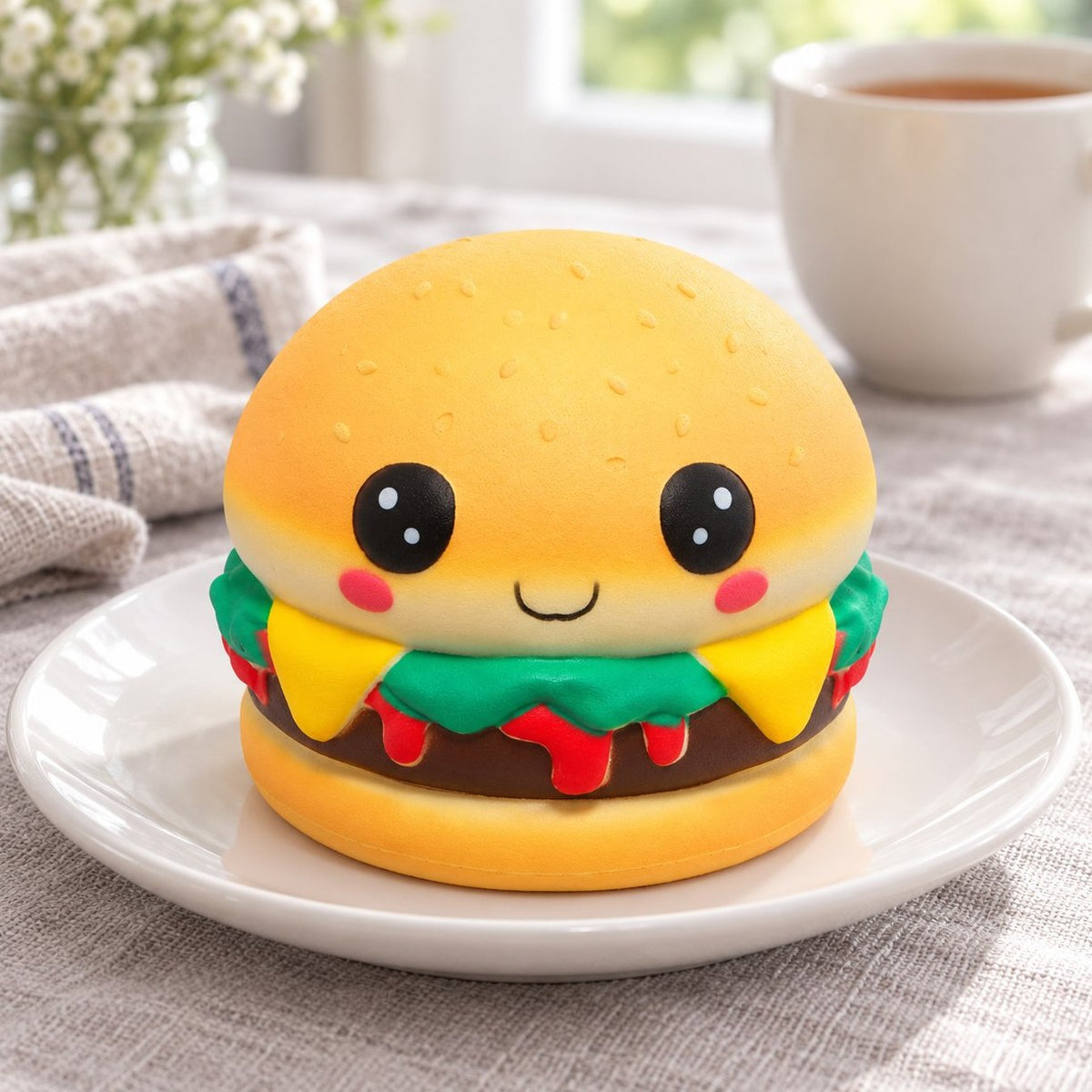 Slow rising squishy kawaii burger s obličejem na talířku na snídaňovém stole
