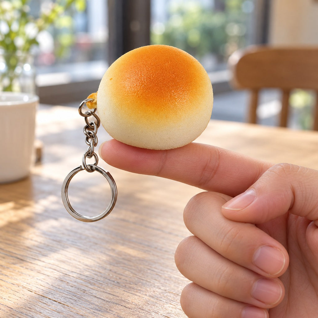 Squishy Keychain, Bread Bun Slow Rising, 4 or 7 cm (Golden bun, 4 cm), on a fingertip to show how tiny it is