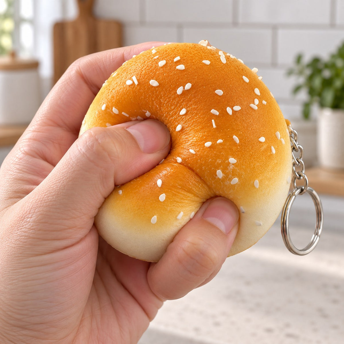 Squishy Keychain, Bread Bun Slow Rising, 4 or 7 cm (Sesame bun, 7 cm), being squeezed by hand, soft and squishy