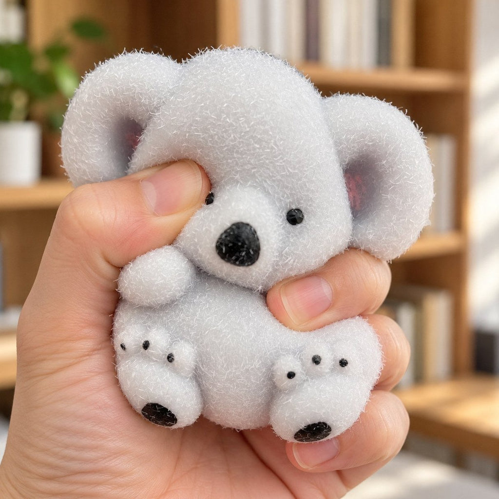Apretando el squishy koala blandito con la mano, suave y esponjoso