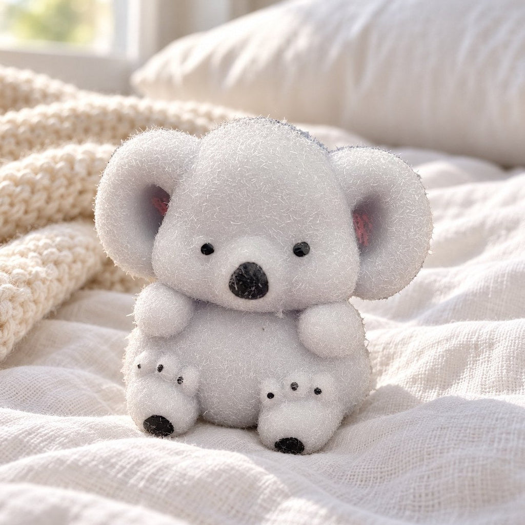 Squishy koala blandito sobre una cama acogedora con mantas suaves