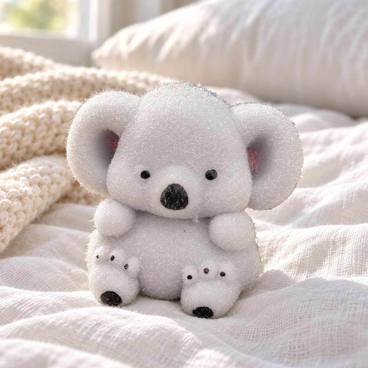 Squishy koala blandito sobre una cama acogedora con mantas suaves
