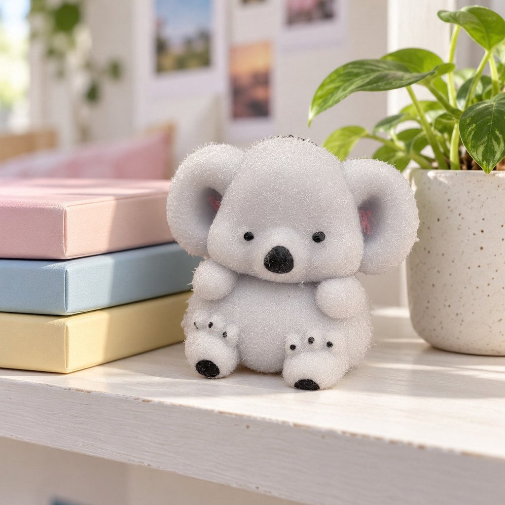 Squishy koala en una estantería con libros y una planta como decoración