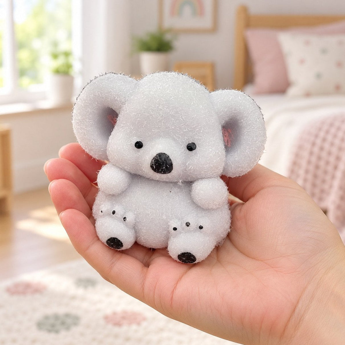 Squishy koala de TPR suave y afelpado en la mano, para ver su tamaño real