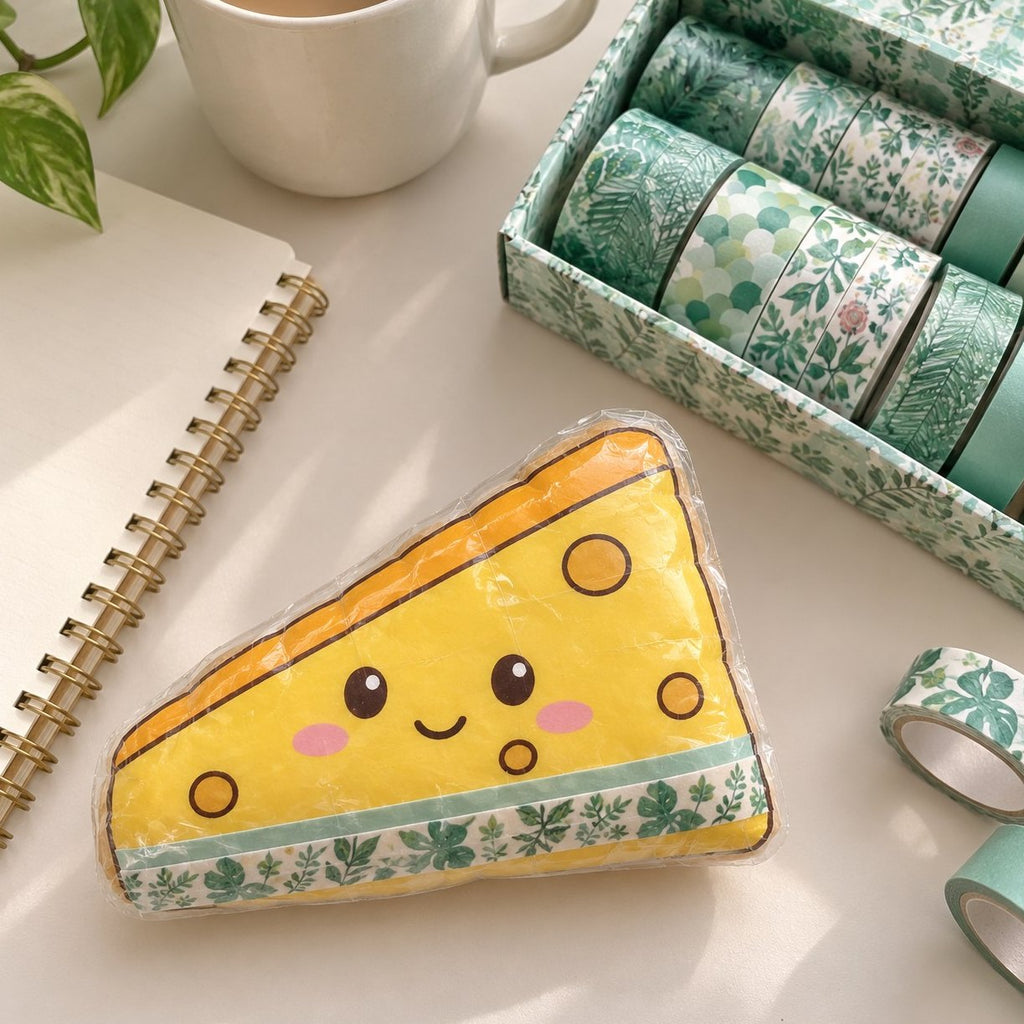 Krabička washi pásek na squishy z papíru: papírový sýr ozdobený mátovou páskou