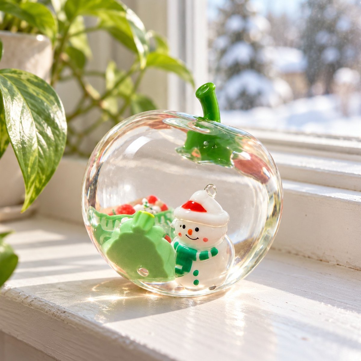 Janela soalheira com o squishy de maçã de Natal pousado no parapeito
