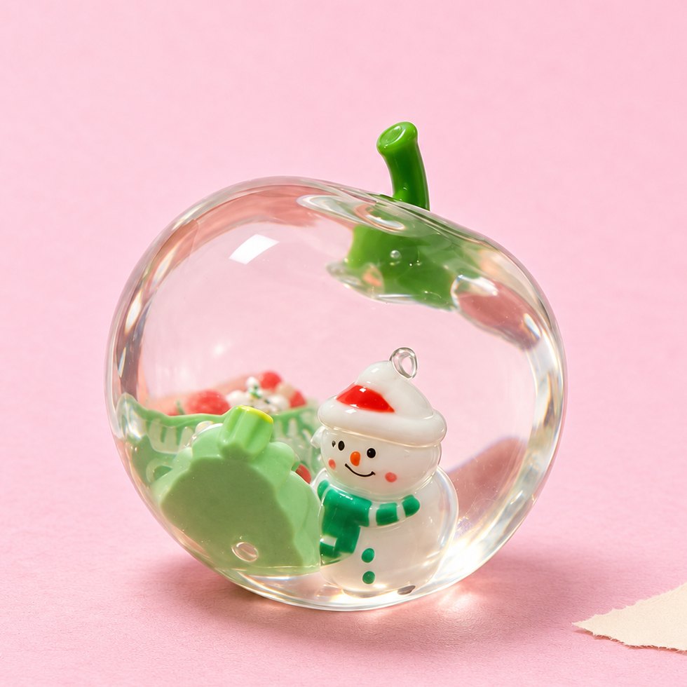 Squishy maçã de Natal transparente com boneco de neve lá dentro