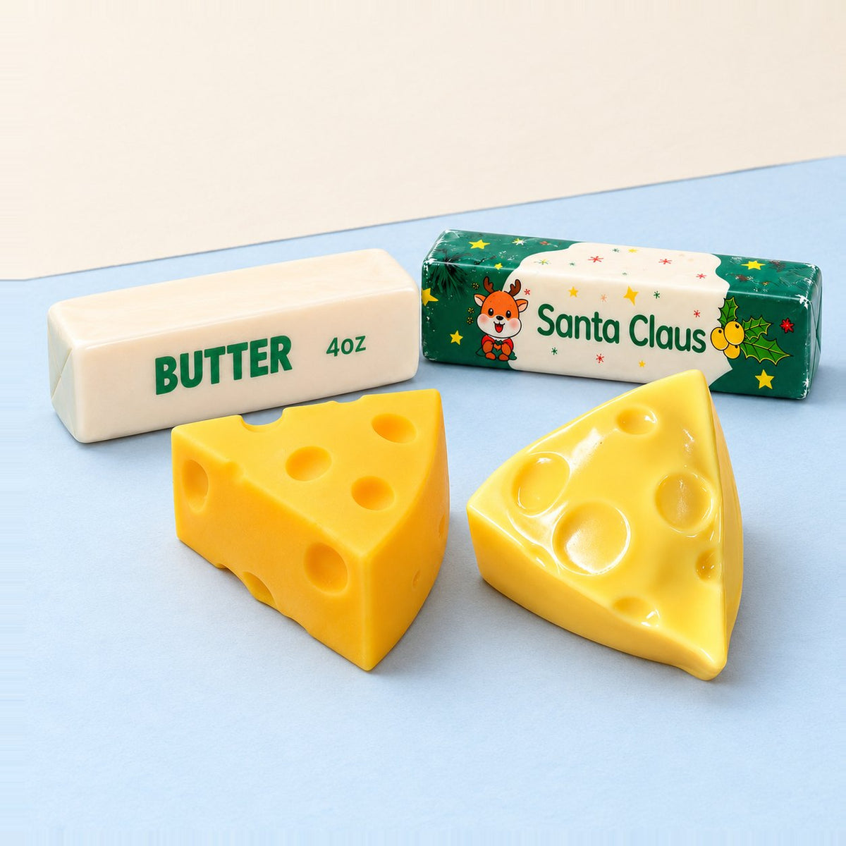 Set de squishy mantequilla y queso, 4 piezas, sobre papel pastel