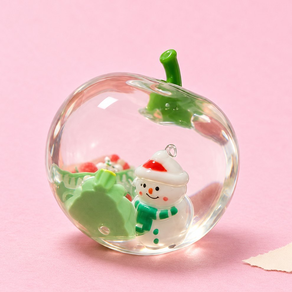 Squishy de manzana de Navidad, transparente y con un muñeco de nieve dentro