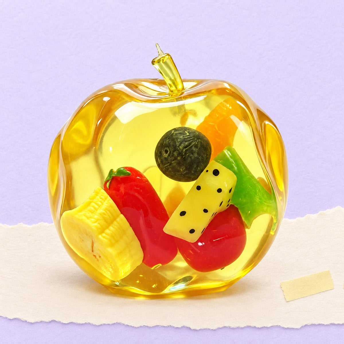 Squishy de manzana slow rising con fruta dentro, sobre papel pastel