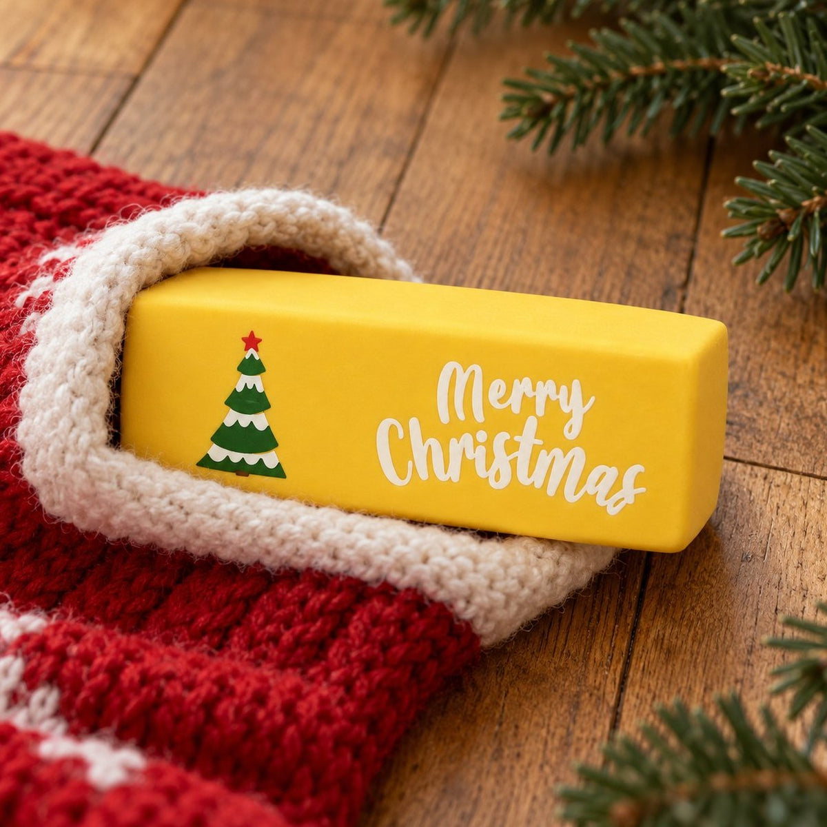 Żółte squishy masło merry christmas z choinką wystaje ze świątecznej skarpety
