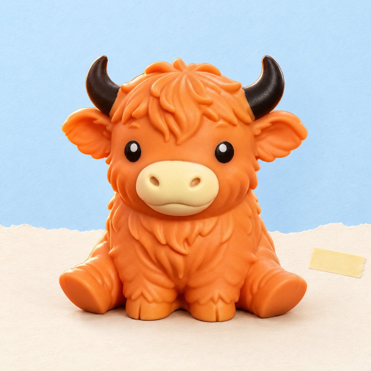 Squishy mucca highland gigante arancione in TPR fotografato su carta color pastello