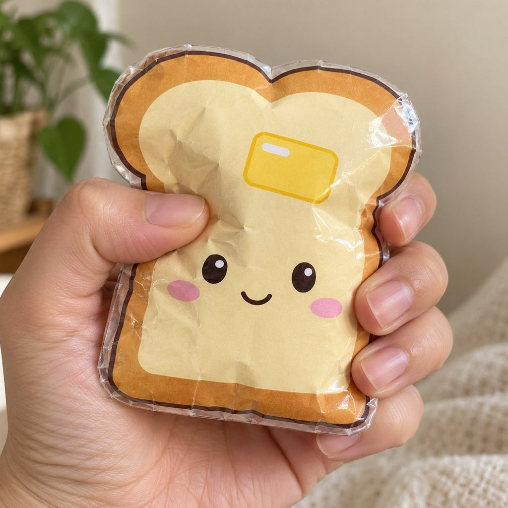Squishy di carta a forma di toast, lucido grazie al nastro adesivo trasparente, schiacciato in mano