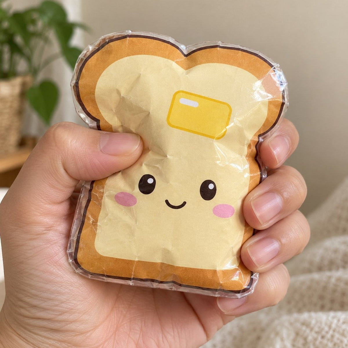 Squishy di carta a forma di toast, lucido grazie al nastro adesivo trasparente, schiacciato in mano