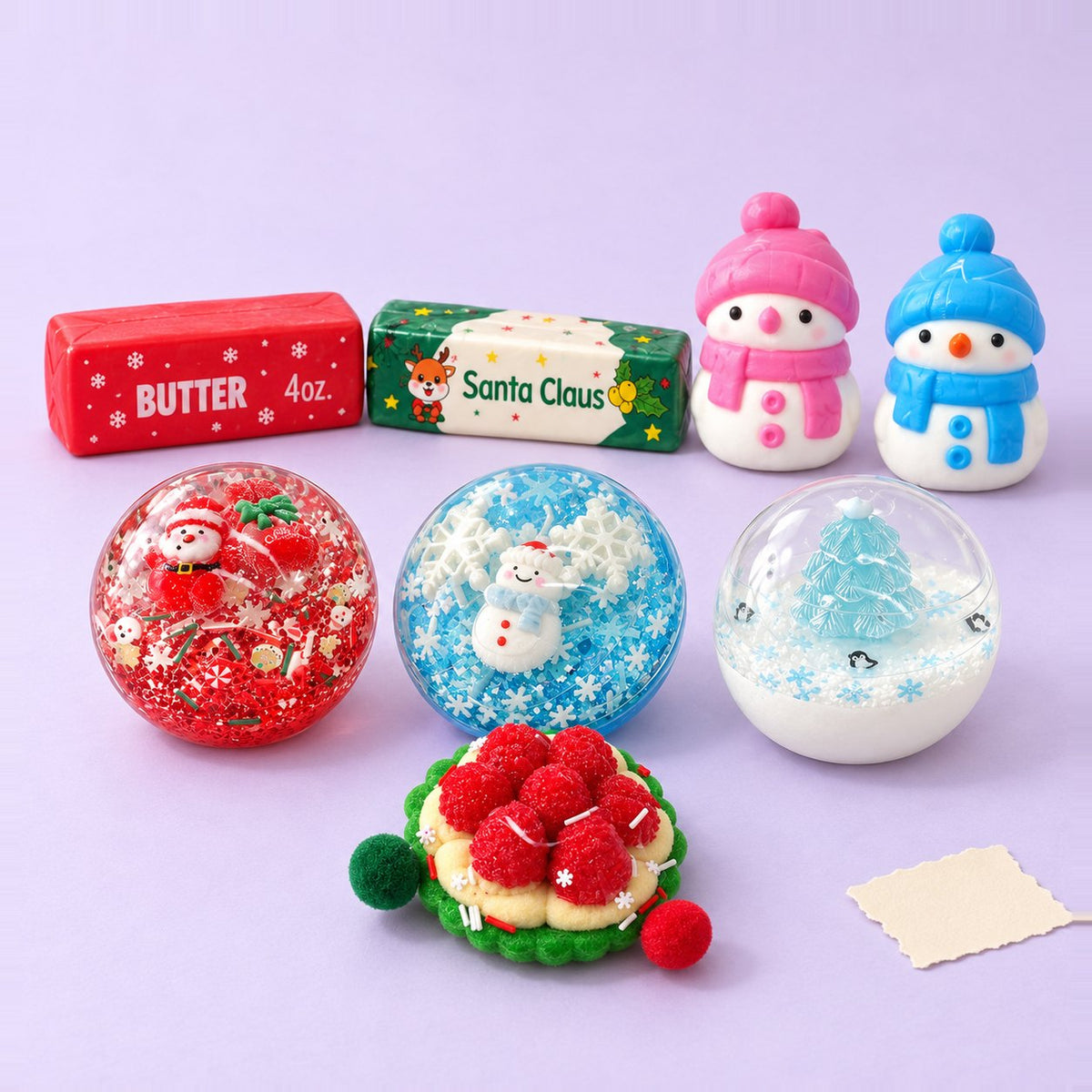 Squishy Natale kawaii: box con 8 squishy natalizi su carta pastello