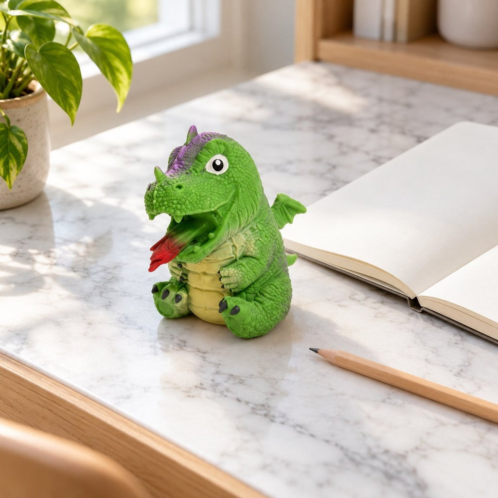Zelené squishy obrácecí dinosauří vejce s náhodným dinem na psacím stole se zápisníkem a tužkou
