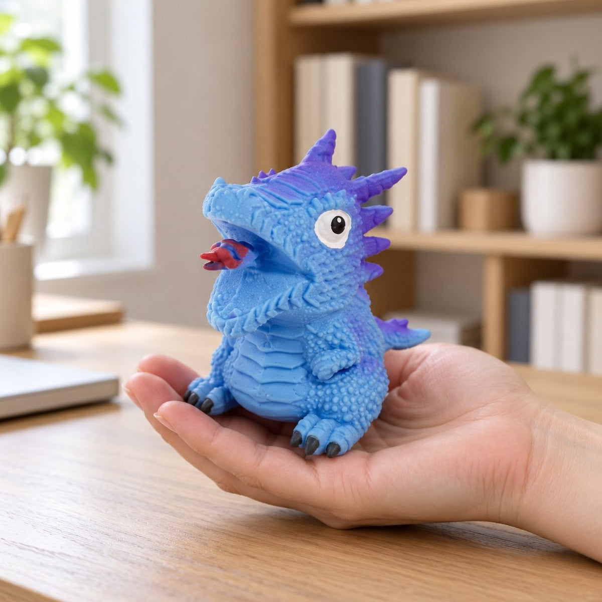 Modré squishy obrácecí dinosauří vejce, převrací se naruby, s náhodným dinem, v ruce, aby byla vidět skutečná velikost