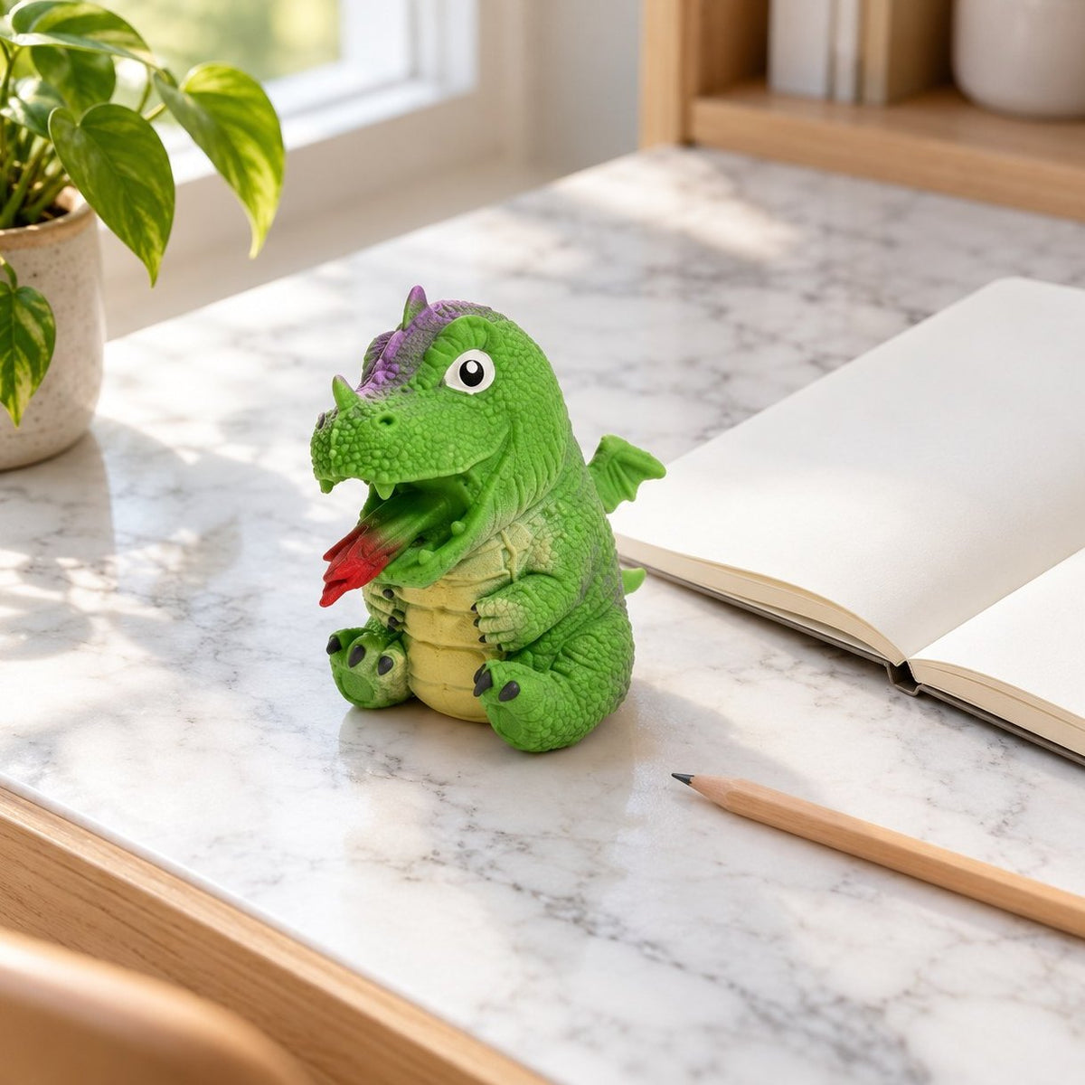Sur un bureau, un squishy œuf de dinosaure réversible vert près d'un carnet