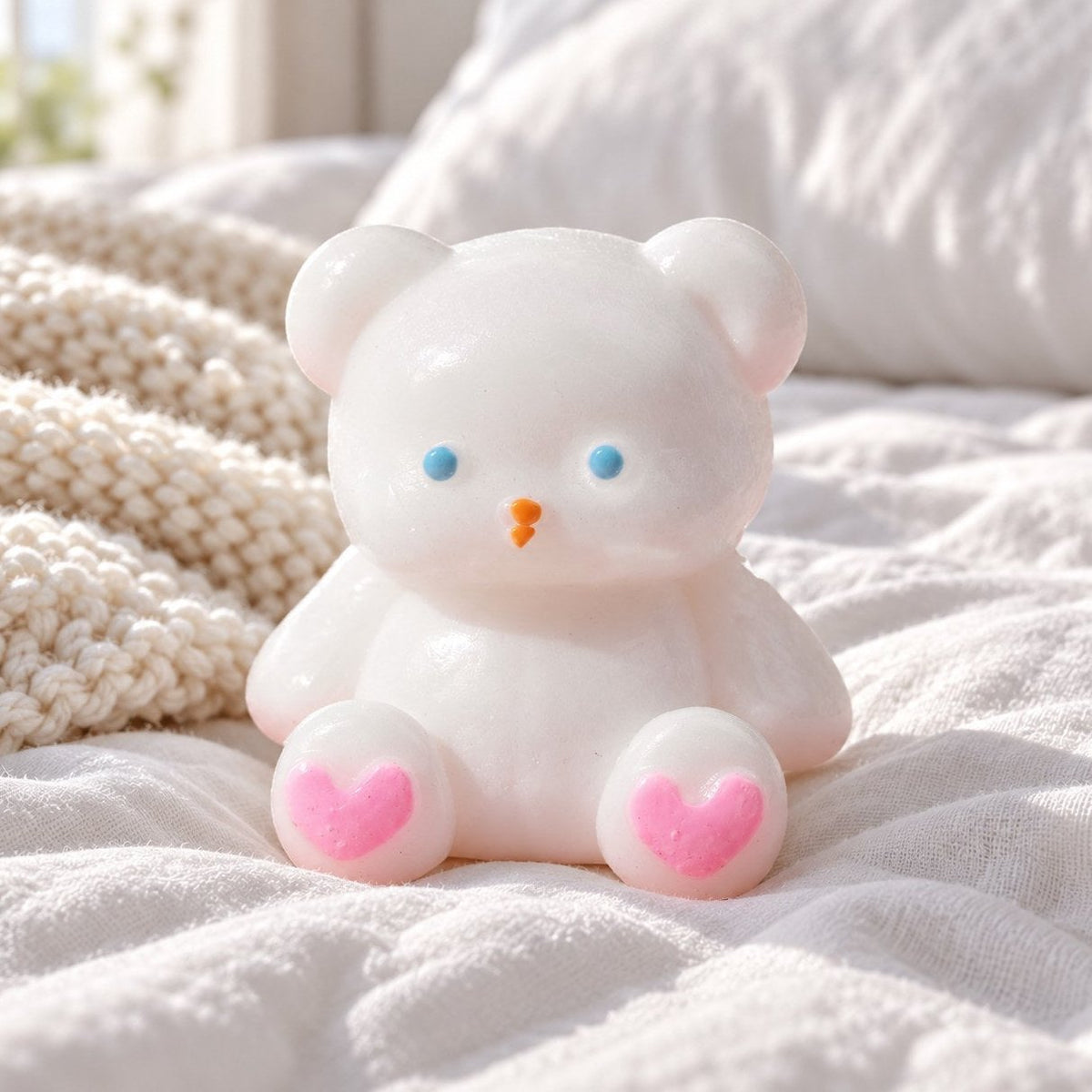 Squishy orsacchiotto bianco sul letto tra coperte morbide