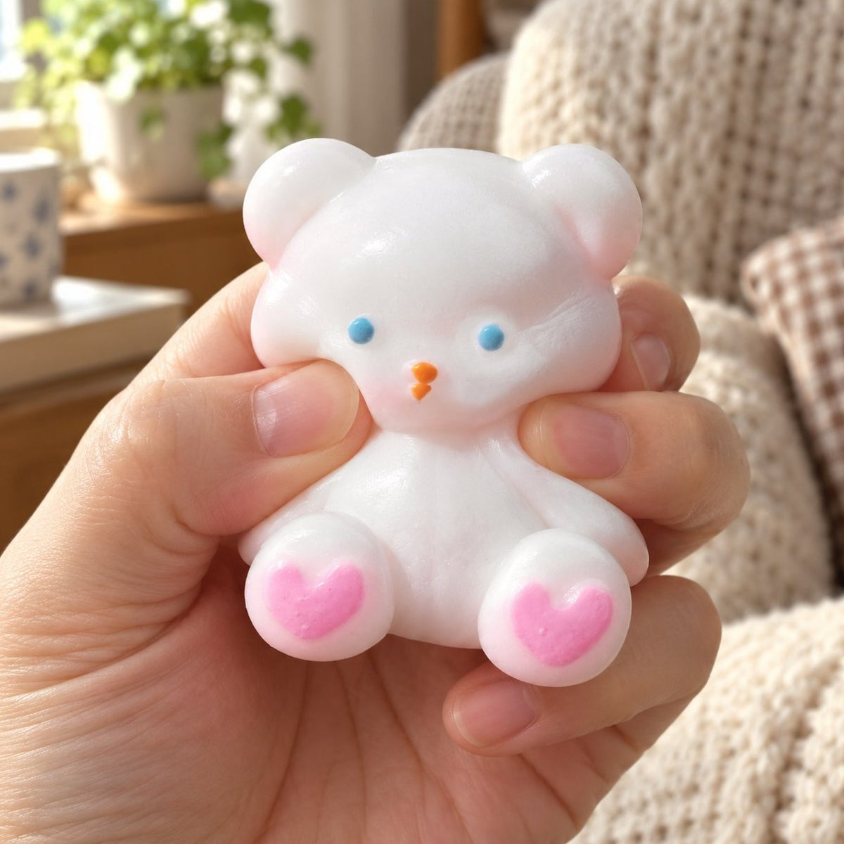 Mano che schiaccia lo squishy orsacchiotto mini con zampe a cuore