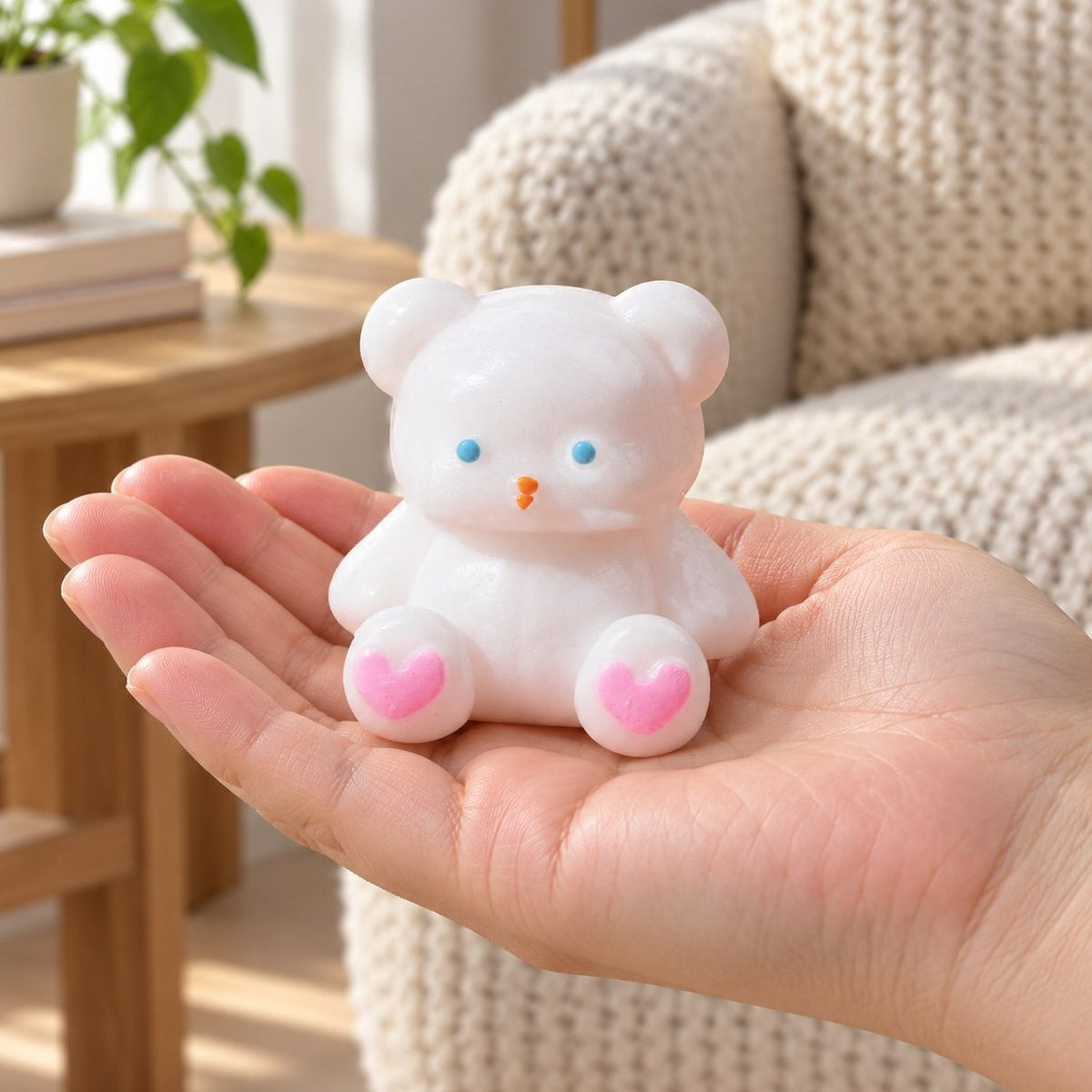 Squishy orsetto bianco tenuto in mano, per la grandezza reale